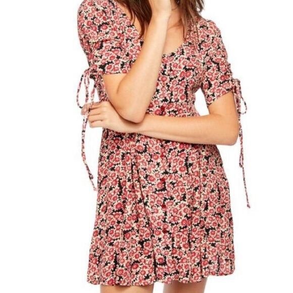 Free People Floral Laced Up Skater Mini Dress In Red/Black - Picture 2 of 11